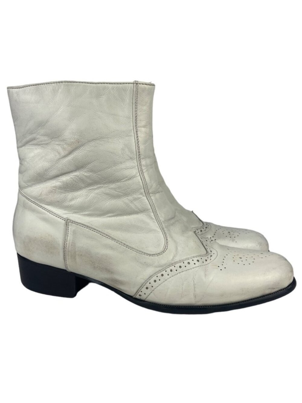 Vintage Botany 500 Mens White Leather Wingtip Zip Ankle Boots, 8 1/2M